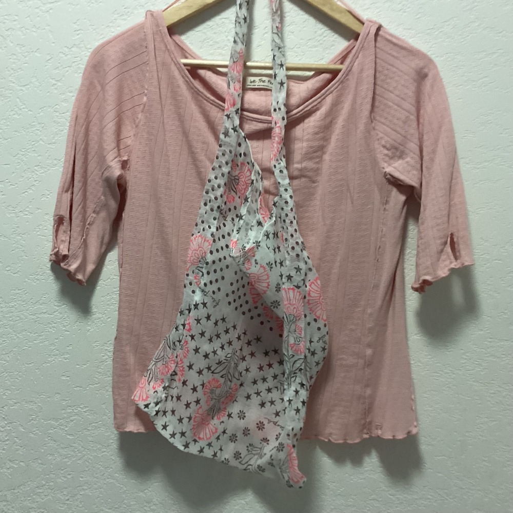 Free People We The Free‎ Ribbed Top Womens XL Peach Pink Lettuce Edge 3/4 Sleeve
